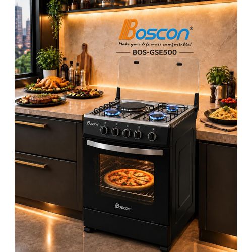 BOS-GSE500 4 Burner Standing Gas Cooker 50x50cm - 3 Gas Burners + 1 Electric Hot Plate + Gas Oven + Grill + Glass Lid