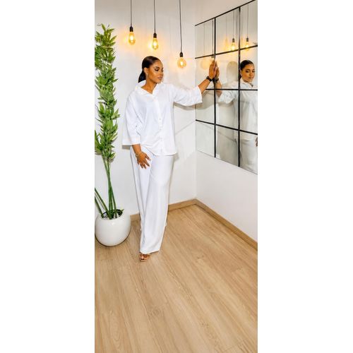 Women’s White Oversized Button-Up Shirt & Wide-Leg Trouser Two-Piece Set