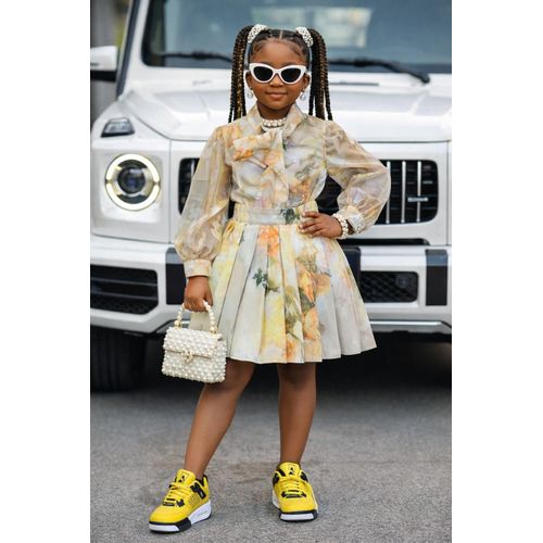 Girls flowery buttoned trendy full sleeve chiffon shirt and pleated skirt set (skirt and shirt top only)