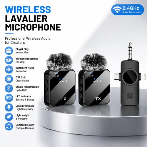 2-in-1 Wireless Lavalier Microphone, Plug-and-Play Lapel Mic with Noise Reduction for Vlogging & Live Streaming