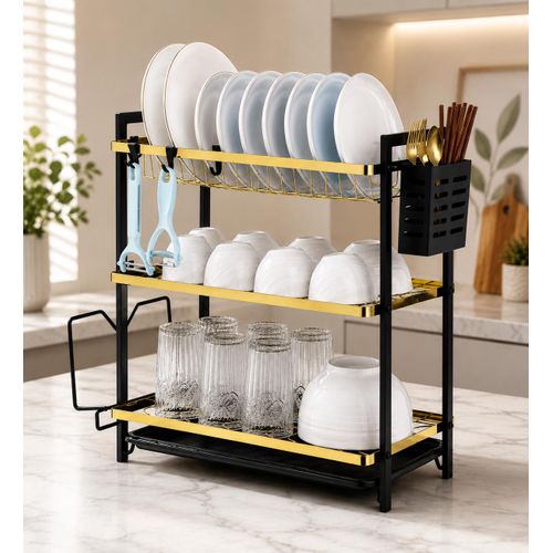 3-Tier Dish Drying Rack with Drain Tray & Cutlery Holder – Black & Gold (MZY-223)