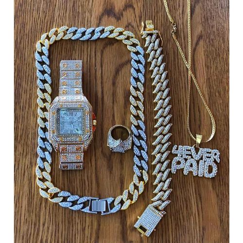 Luxury Mega Set Of Iced Studded Wrist Watch + Iced Necklace And Ice Bracelet For Luxury Men/Women