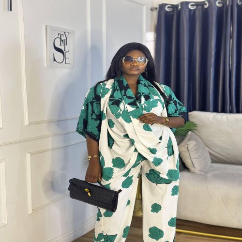 Printed Criss Cross Kimono Top & Pants Set (Green)