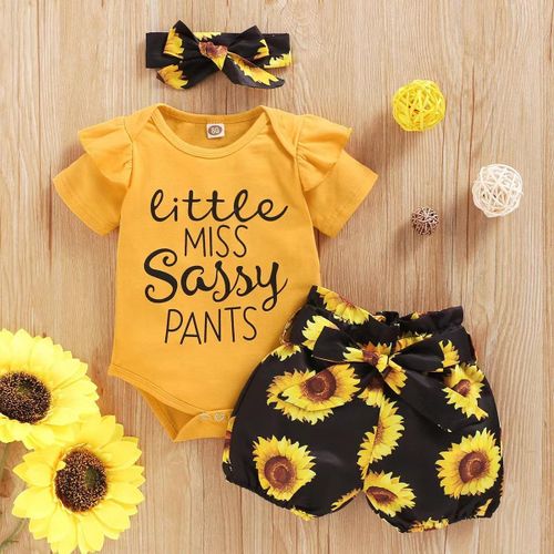 Baby Girl Clothes Short Sleeve Bodysuit+shorts+headband-yellow