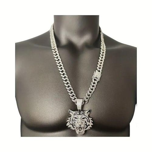 ICED OUT TIGER PENDANT AND CHAIN=SILVER
