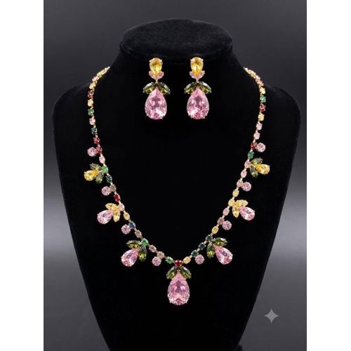 Luxury Multi-Color Crystal Teardrop Necklace and Earrings Set - Pink & Gold