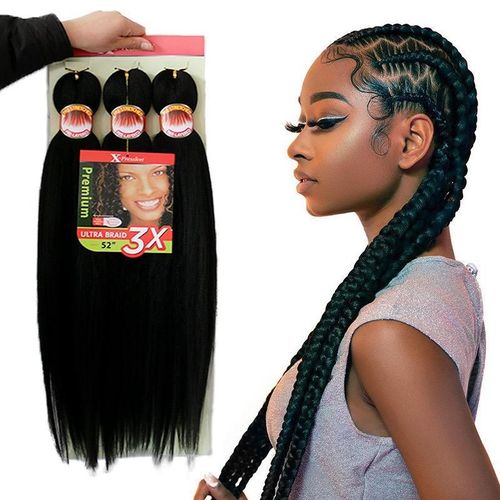 3-Piece Synthetic Flame-Retardant Hair Braid Set: Black 52” Premium Ultra Braid Wig Extensions for Styling