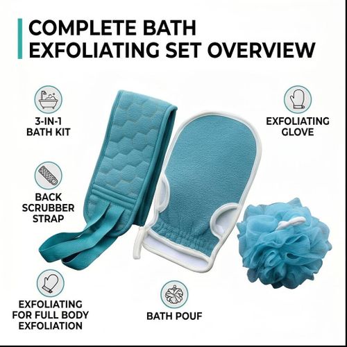 3-Piece Bath Scrubbing Set - Exfoliating Back Scrubber, Mitt & Sponge Kit-Blue