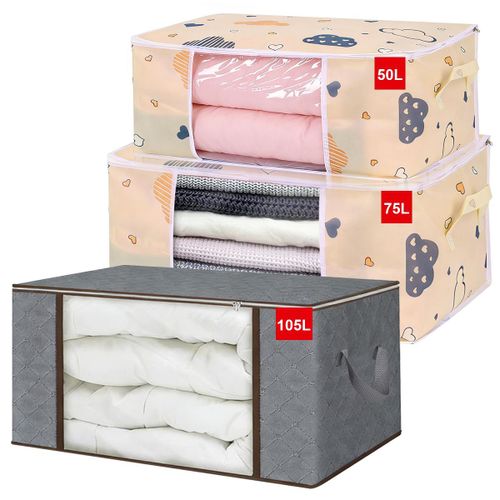 3PC Large Storage Bag for Clothes Blankets Bedding Foldable Organizer with Clear Window