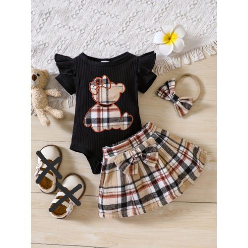 Baby Girl Clothes Short Sleeve Bodysuit +skirt+headband-black