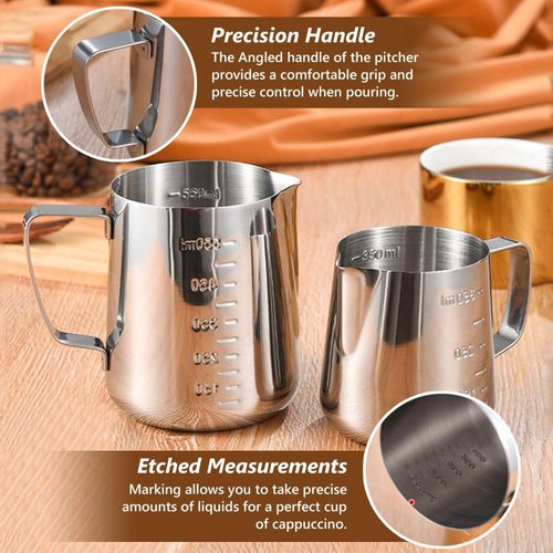 2pcs 350ml/550ml Stainless Steel Milk Frothing Pitcher Cappuccino Coffee Milk Frother Cups Stainless Steel,12oz/20oz Steaming Pitcher Coffee Bar Espresso Machine Accessories Milk Jug,Measurements.