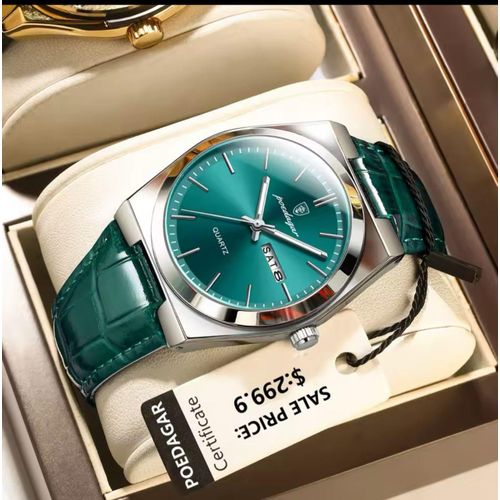 Men's Water Resistant Wristwatch Green Leather With Green Face