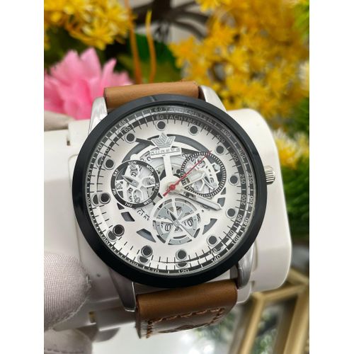 Man Elegant Genuine Leather Calendar Wristwatch