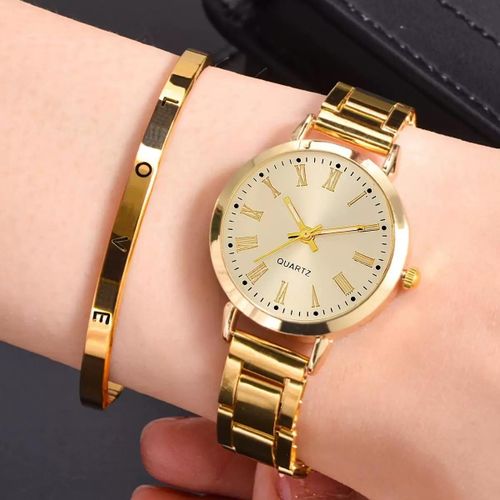 2in1 Women Quartz Wrist Watch Bracelet -Gold