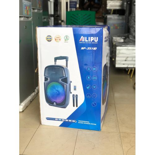 SP-3511D portable rechargeable battery-powered PA/party speaker with wireless microphones and LED lighting for party or event ambience. Discounted.