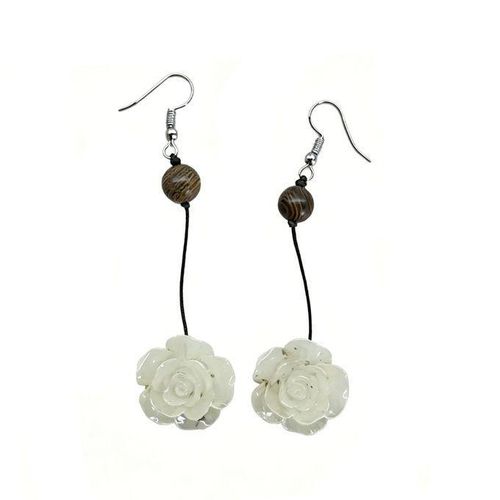 Ladies Elegant White Dangle Earrings Natural Wood Bead For Woman