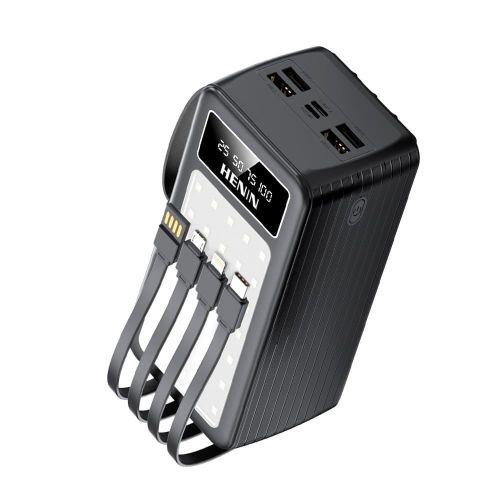 PB50000 50000mAh Portable Power Bank with LED Torch Light, Built-in 4 Cables, 7 Outputs LED Display for Android iPhone -Black