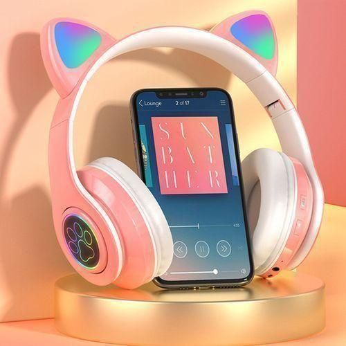 Cat Ear Wireless Headset Volume Control Lightweight Foldable For Pink