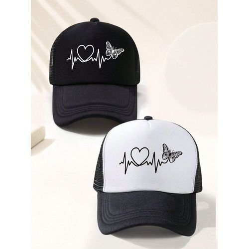 2pc Unisex Butterfly & Heart Pattern Solid Color Baseball Cap With Adjustable Strap For Outdoor Activities Like Spring & Autumn, Travel, Beach And Y2k Style