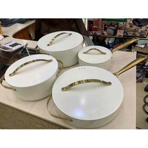 Uakeen Germany VK-22 8-Piece Ceramic Non-Stick Cookware Set with Gold Handles in Cream White with Free Gift