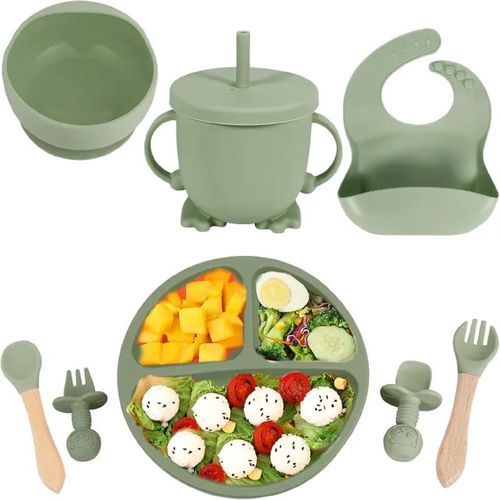 8 pcs Silicone Baby Feeding Set, Baby Led Weaning Supplies with Suction Bowl Divided Plate, Self Feeding Spoons Forks Sippy Cup Adjustable Bib, Eating Utensils for 6+ Months (Green)
