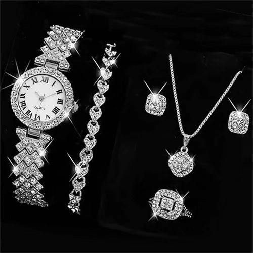 5PCS Watch Ring Necklace Earrings Water Diamond Bracelet Set