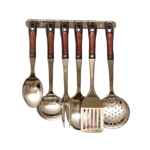 6 Pcs Cooking Spoons Set With Holder- Silver