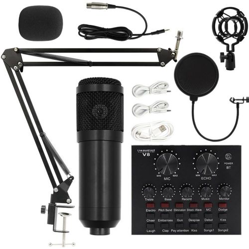 Condenser Microphone Bundle, Live Sound Card, Adjustable Boom Arm, Shock Mount, Metal Mic Pop Filter, Sponge Pop Filter Cover, Earphone, Audio Cables and Power Cable