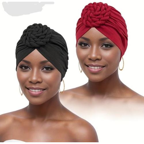 2PCS Women's Pre-Tied Turban Headwrap Set - Twisted Flower Knot Stretch Beanie Headscarves, Breathable Elastic Travel Hats, Black & Burgundy