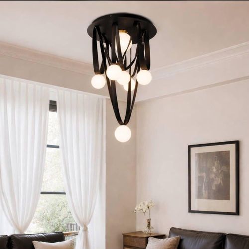 High Quality Chandelier - 8 Heads Globe LED Chandelier - Black Leather Strap Design - Milky Glass Ball Pendant Light - For Living Room Dining Room