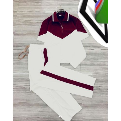 Male 2pcs Set Up/down Trouser And Polo(COMBINED DESIGN)-offwhite/winered