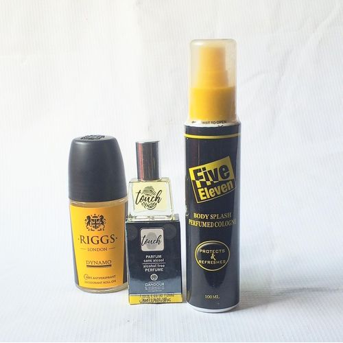 Perfume Combo 3 in 1 of Riggs Dynamo Roll On 50ml, Touch Yellow Oil Perfume 5ml and Five Eleven Body Splash Spray 100m EDP (Unisex Daily Use), NAFDAC Number: Roll On: A2-102504, EDP: A2-102020, Spray: A2-0578