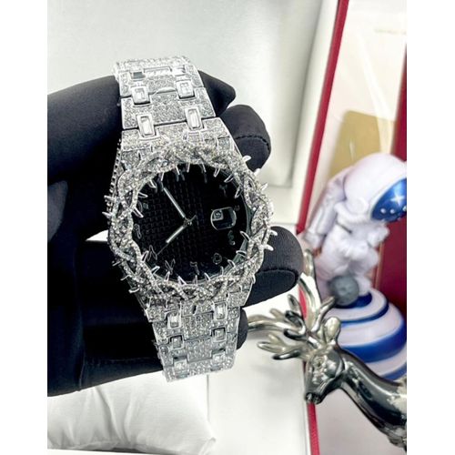 Extra Sophisticated & Rugged Men's Diamond Stones ICY Silver Wristwatch For Wealthy Men