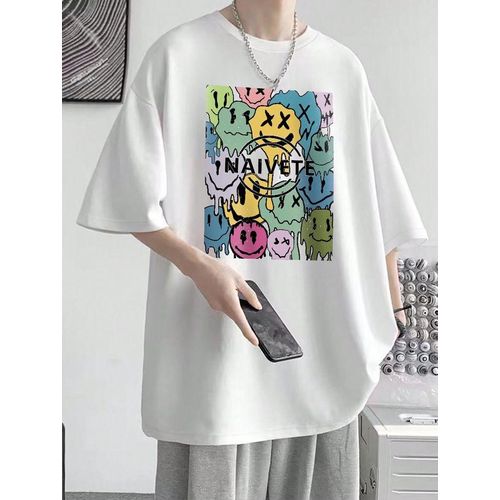 Smiley Face White High Quality Round Neck T Shirt