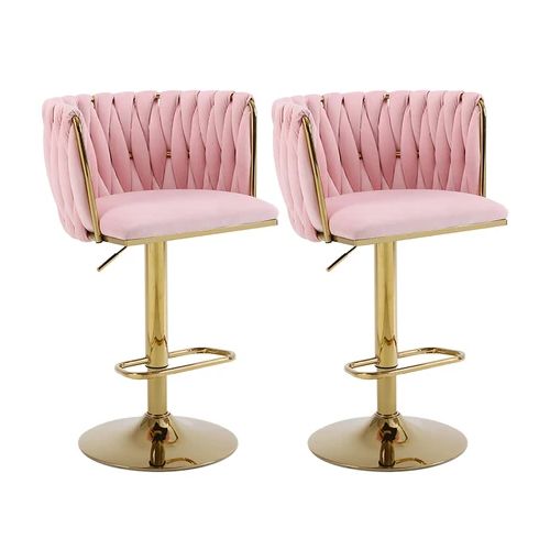 Modern Velvet Adjustable(Pink) Bar Stools With Gold Base X2