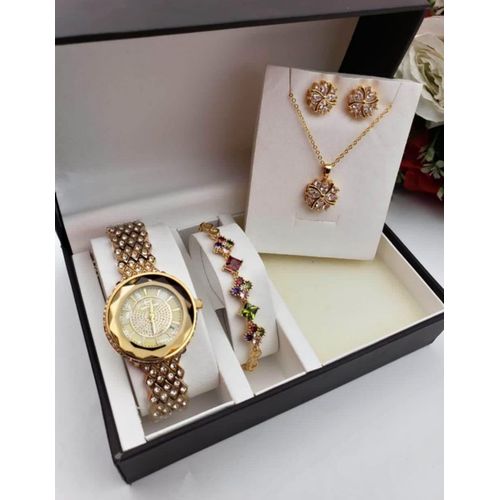 Super Fanciable Sophisticated Diamond Iced Gold Female Wristwatch + Bracelet/Necklace