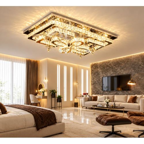 Modern Luxury Rectangular Crystal LED Ceiling Chandelier with Gold-Tone Geometric Rings – Elegant Multi-Layer Flush Mount Ceiling Light for Living Room, Bedroom and Dining Room