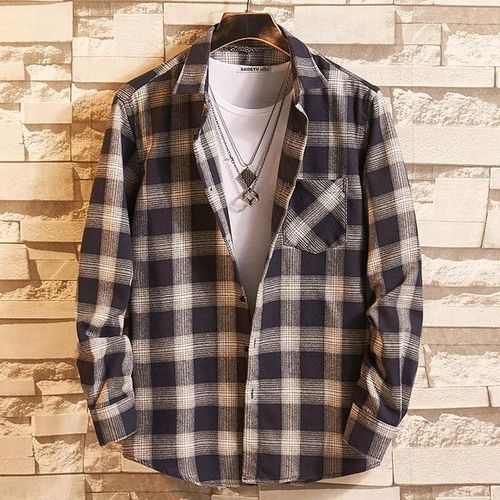 2022 New Men Casual Plaid Flannel Shirt Long-Sleeved Chest With Pocket Design Boy Young Button Clothes
