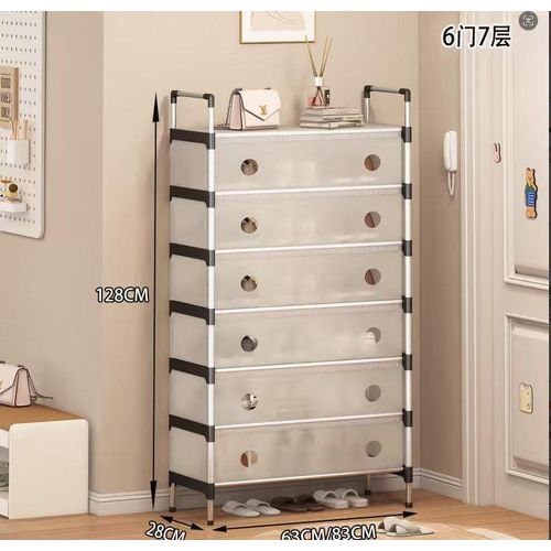 dustproof, multi-tier freestanding shoe rack organizer with semi-transparent, roll-up cover panels.