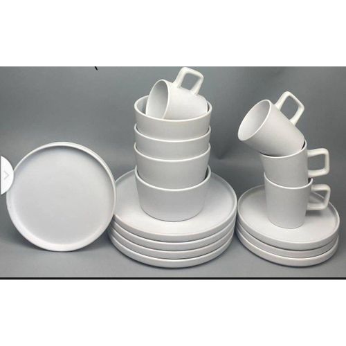 16PCS Premium Ceramic Dinner Set – 4 Dinner Plates, 4 Bowls, 4 Cups & 4 Side Plates – White Stoneware Tableware Set