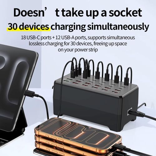 18 Type-C Port + 12 USB A port 150W USB Charging Station 30 Port, Multiple Desktop Charger Station Charging Block Desktop Charger Hub for Multiple Devices Compatible with iPhone/iPad/Smartphones/Tables