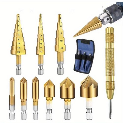 This 10-piece drill bit set with a storage bag includes a step drill, center punch, woodworking triangular drill, 5-flute chamfering tool, and pin hole reamer.