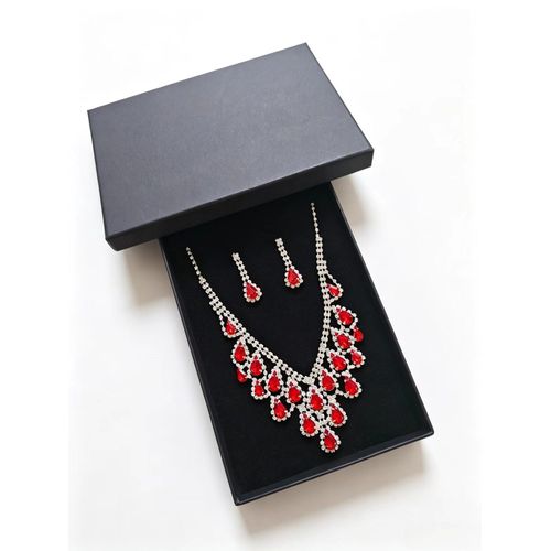 Ruby Rhinestone Jewelry Earrings Bridal Evening Party Necklace Set