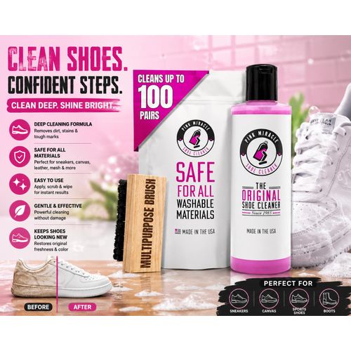 Pink Miracle Shoe Cleaner Kit with Bottle and Brush For Fabric Cleaner For Leather, Whites, Suede and Nubuck Sneakers, Shoe Cleaner Liquid with Cleaning Brush Sneaker Cleaner & Brush Kit Multipurpose Shoe Cleaning Solution