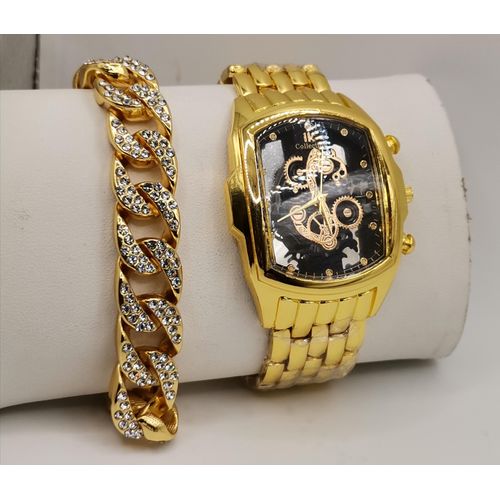 DS Stone Iced Men"s Wristwatch Hand Chain Gold