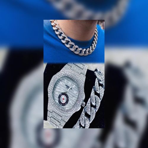 3in1Cuban Luxury Stone-iced Silver Watch, Hand and Neck-chain