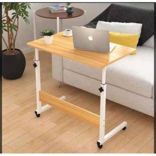 Portable Height Adjustable Wooden Laptop/ Bed Side Table Stand with Rolling Wheels- Brown