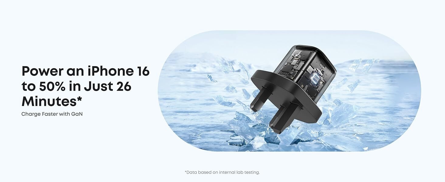 Fast-charging adapter for iPhone 16 submerged in water. Text claims it can charge to 50% in 26 minutes. Black device with prongs visible.