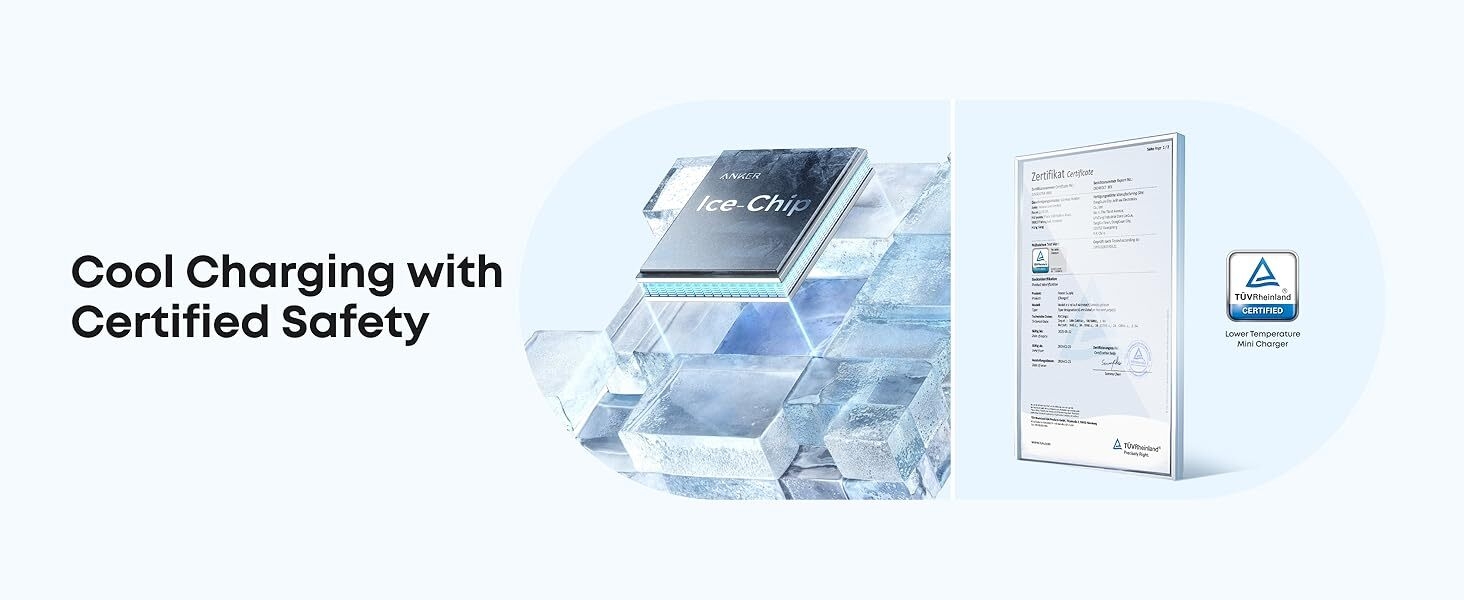 Product packaging showing charging device with 'Cool Charging with Certified Safety' text and technical specifications displayed.