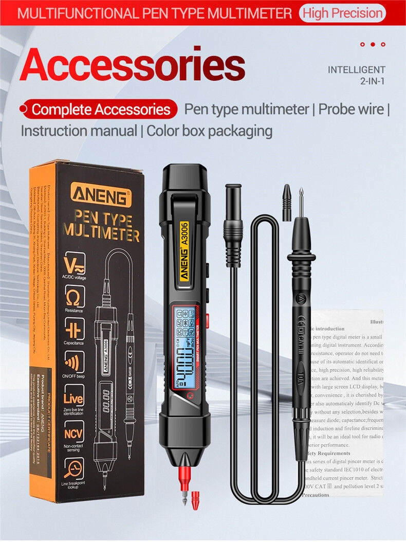For A3006 Digital Multimeter 4000-Count Professional AC/DC Voltage Tester 600V Pen-Type High Precision Low Battery Indicator